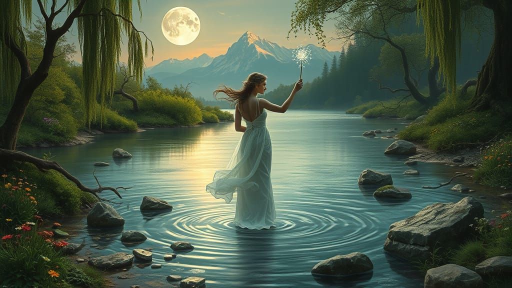 Whimsical Dream Scene of Moonchild Dancing in Shallow Waters