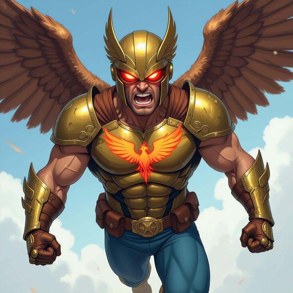 Hawk-Themed Hero Soaring Through the Sky