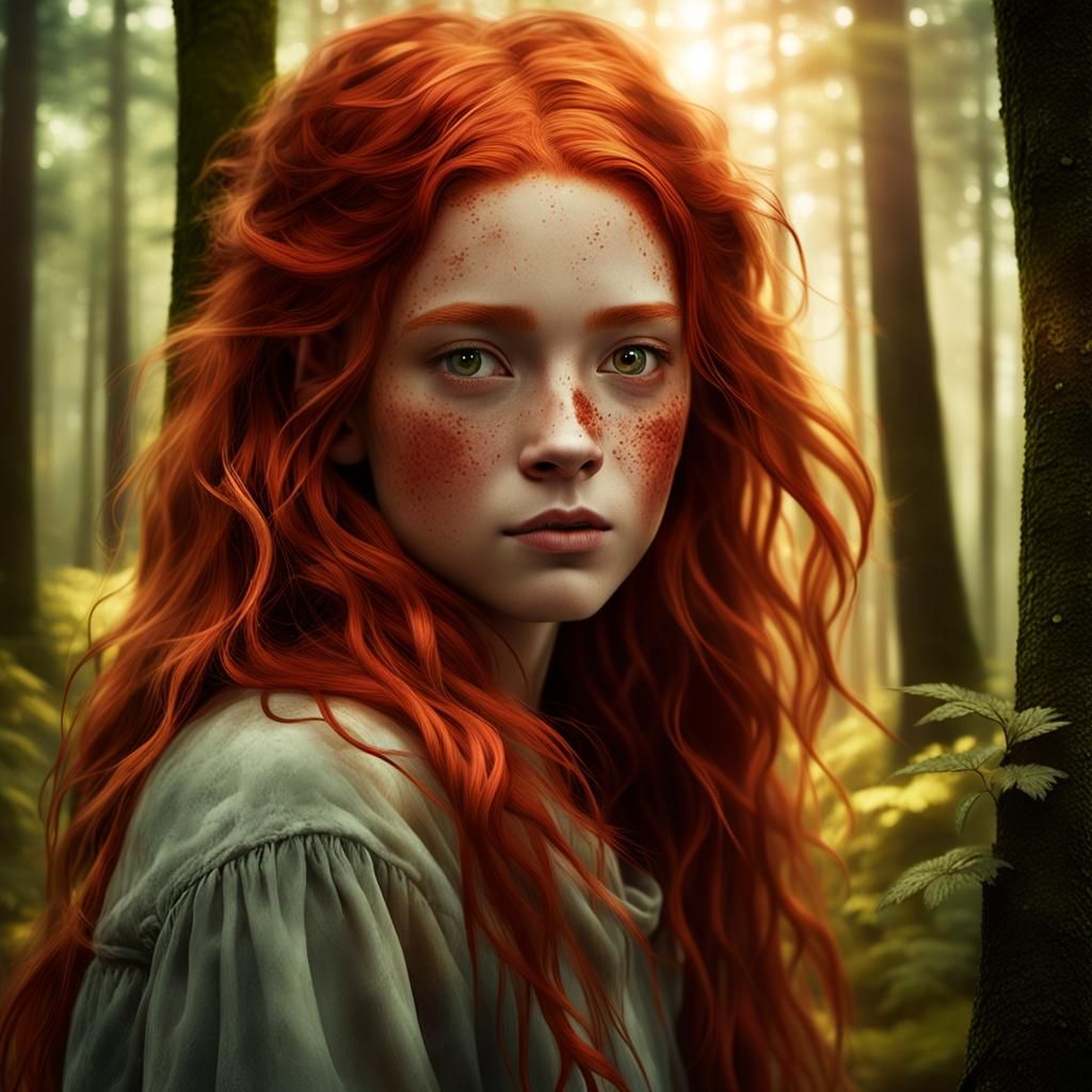 Red-Haired Girl Portrait in Mystical Forest Ambiance