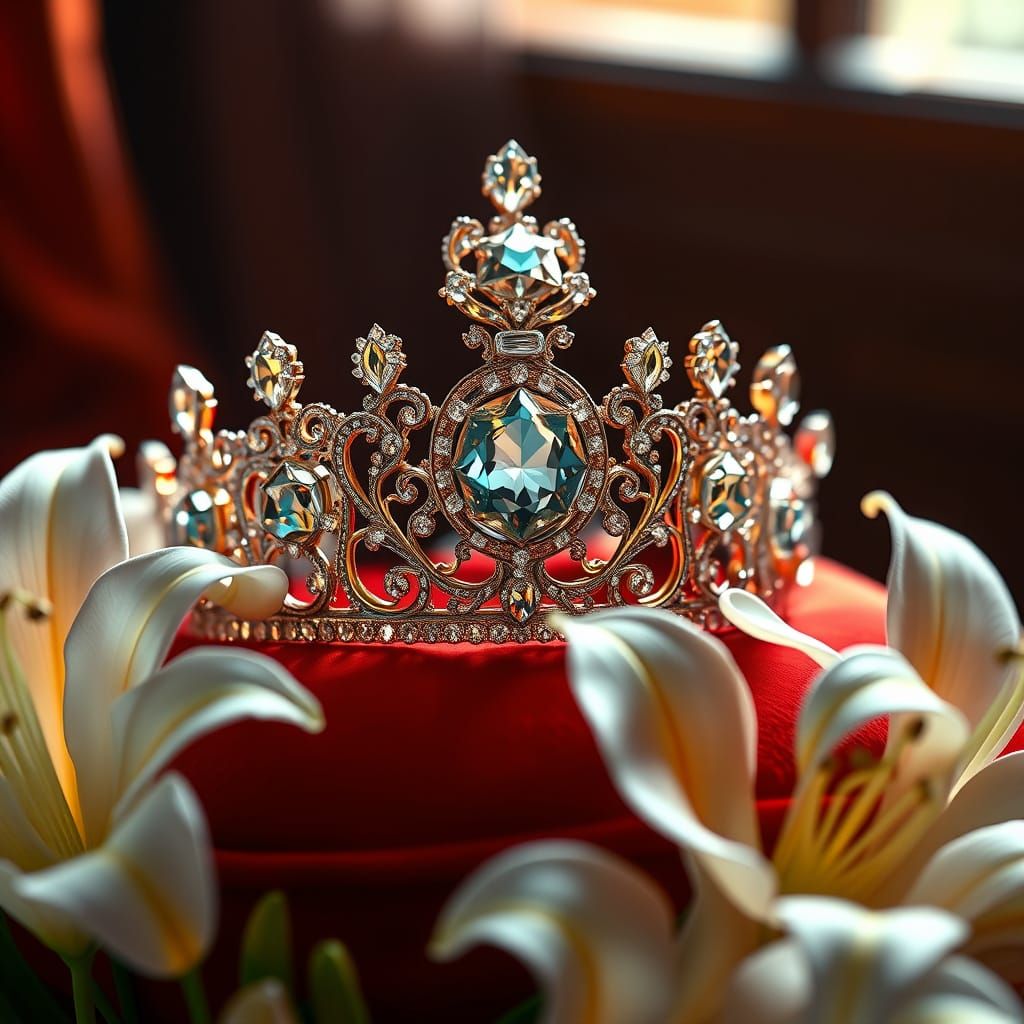 Luxurious Diamond Crown on Velvet Cushion with White Lilies