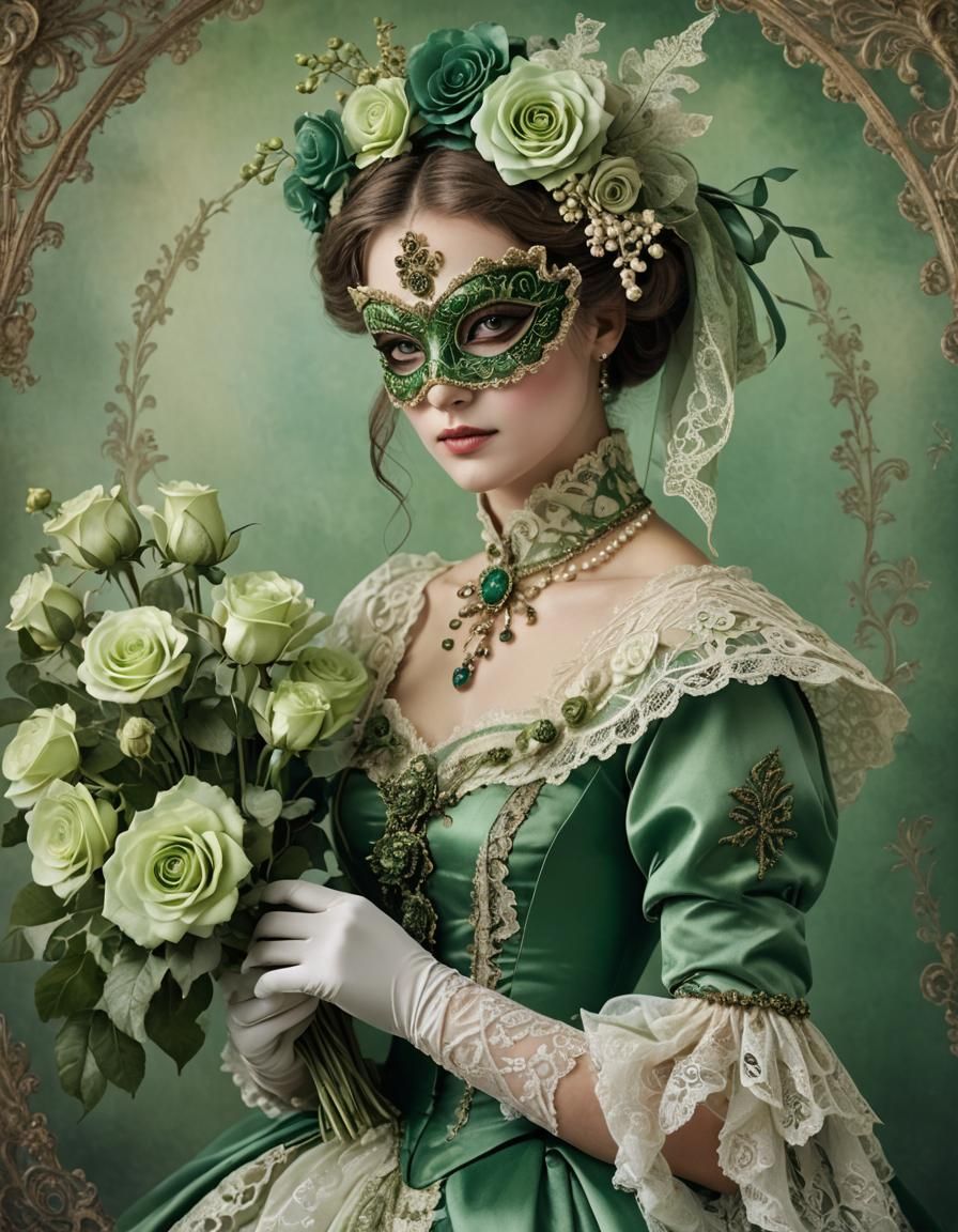 Victorian Woman in Masquerade Mask with Roses
