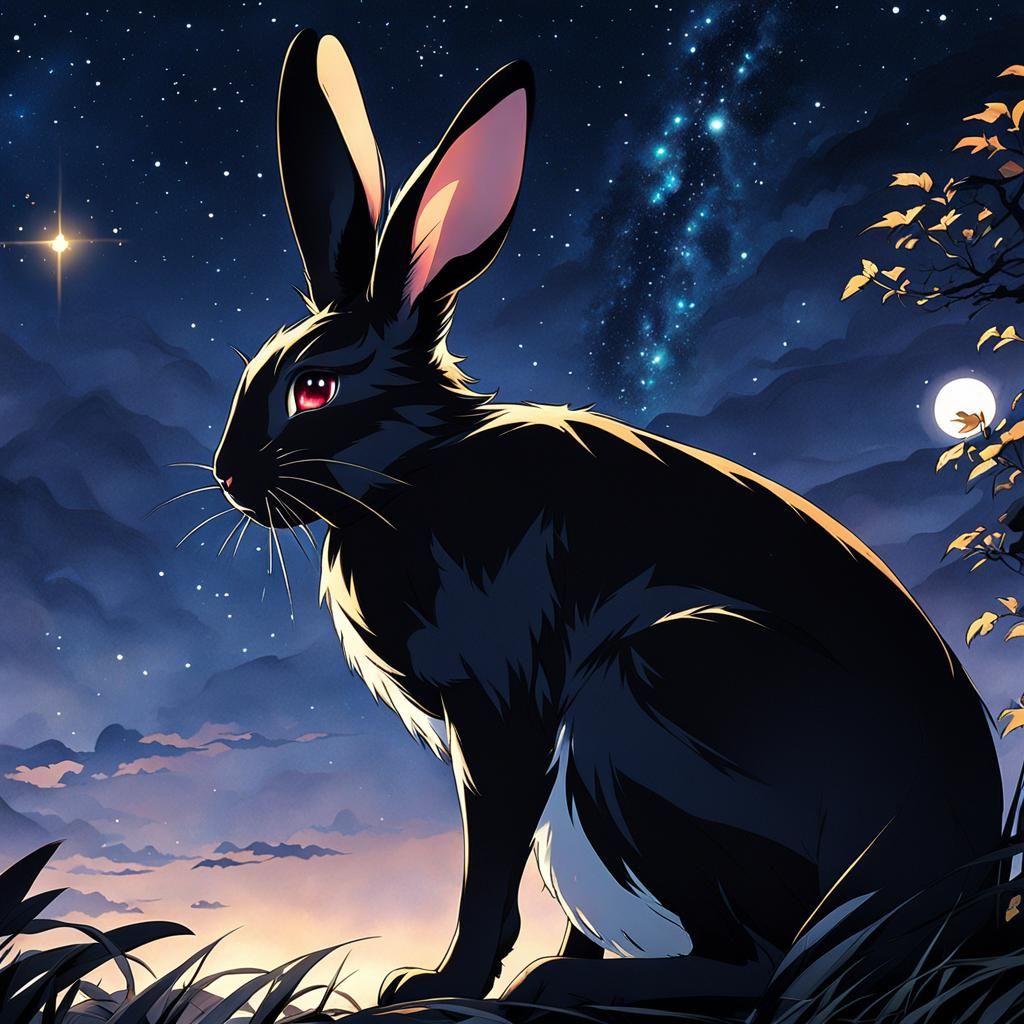 Black Rabbit Under Starlit Sky in Anime Style