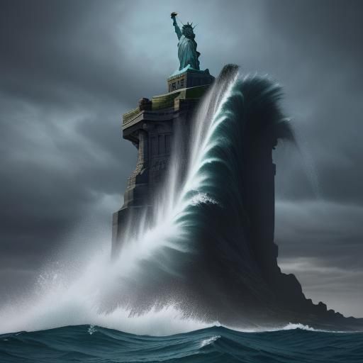 Statue of Liberty Overwhelmed by Ocean Wave