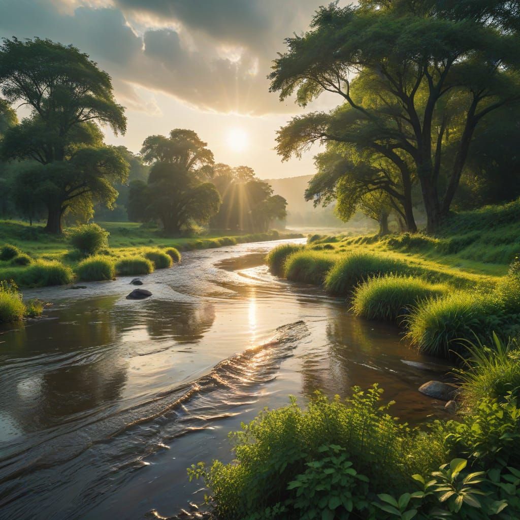 Picturesque Rivers Meet in Golden Light Landscape