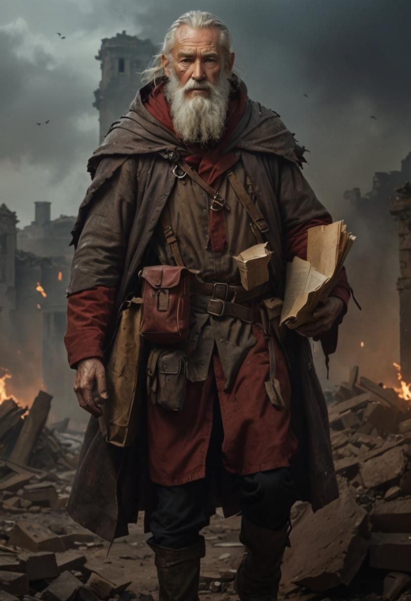 Old Man Walking Through Post-Apocalyptic Ruins