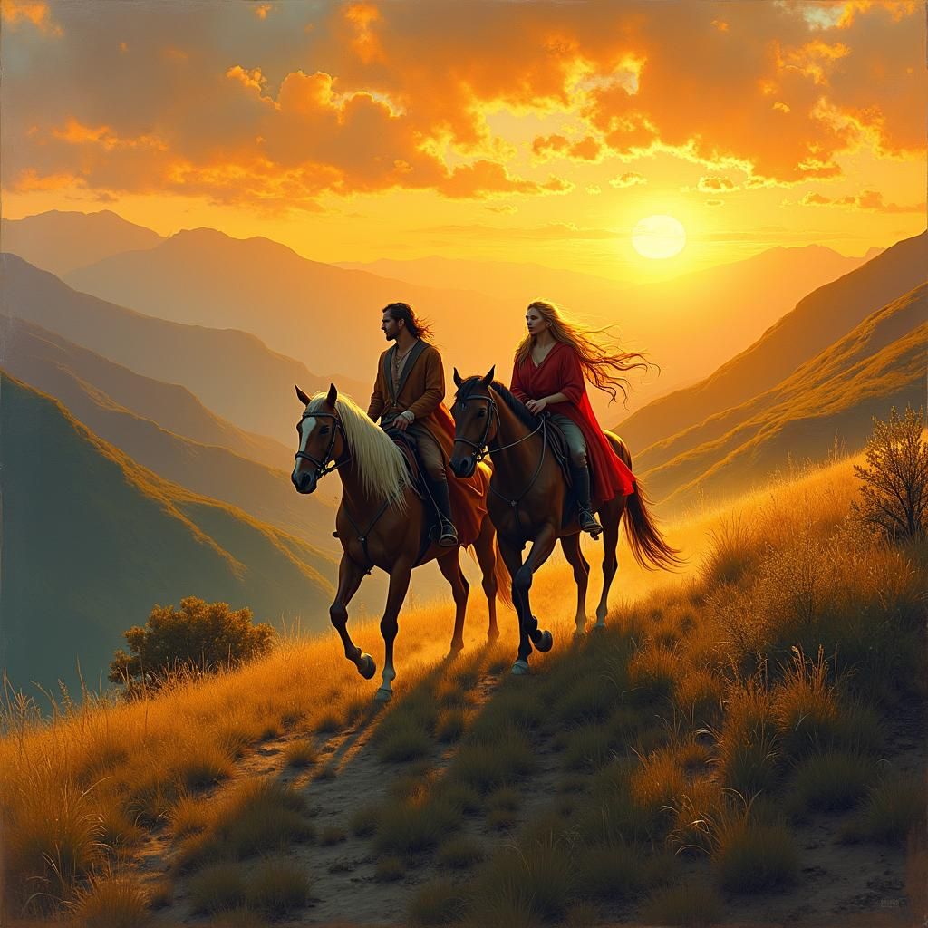 Lancelot and Guinevere's Sunset Escape: Gouache Illustration