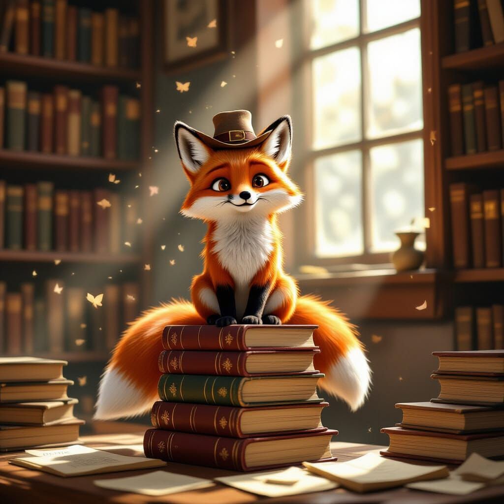 Whimsical Fox Adventurer on Books in Dusty Library
