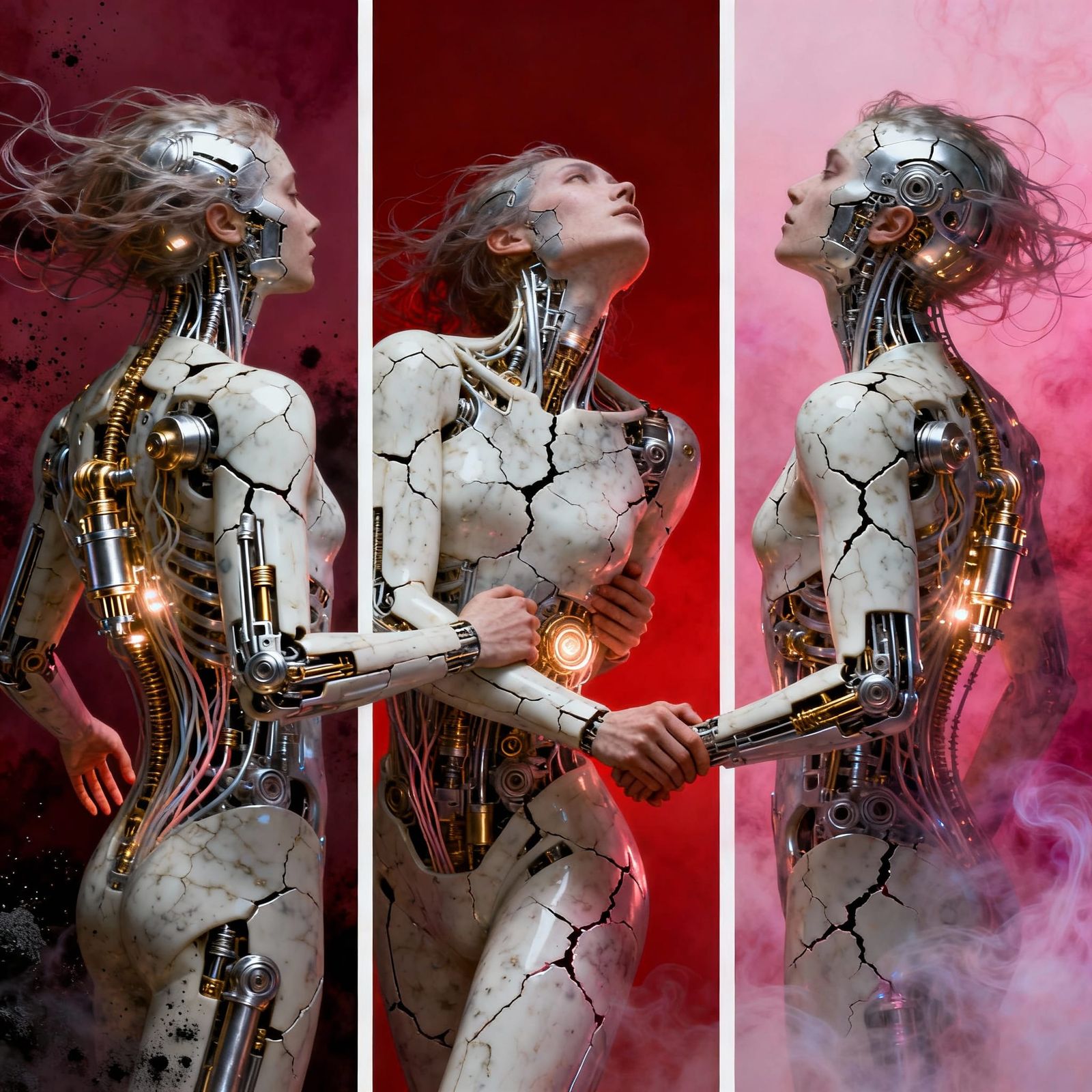 Surreal Biomechanical Beings in Tense Embrace