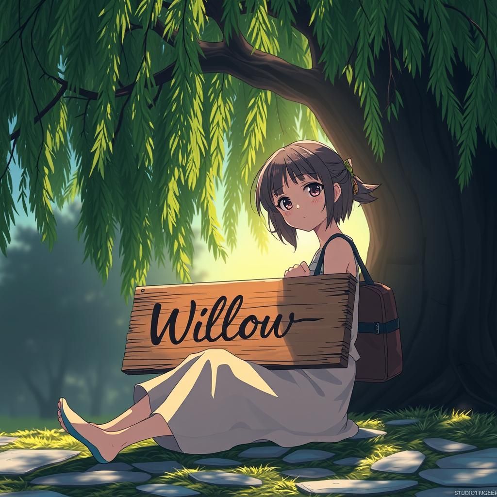 Anime Girl Under Willow Tree with Sign
