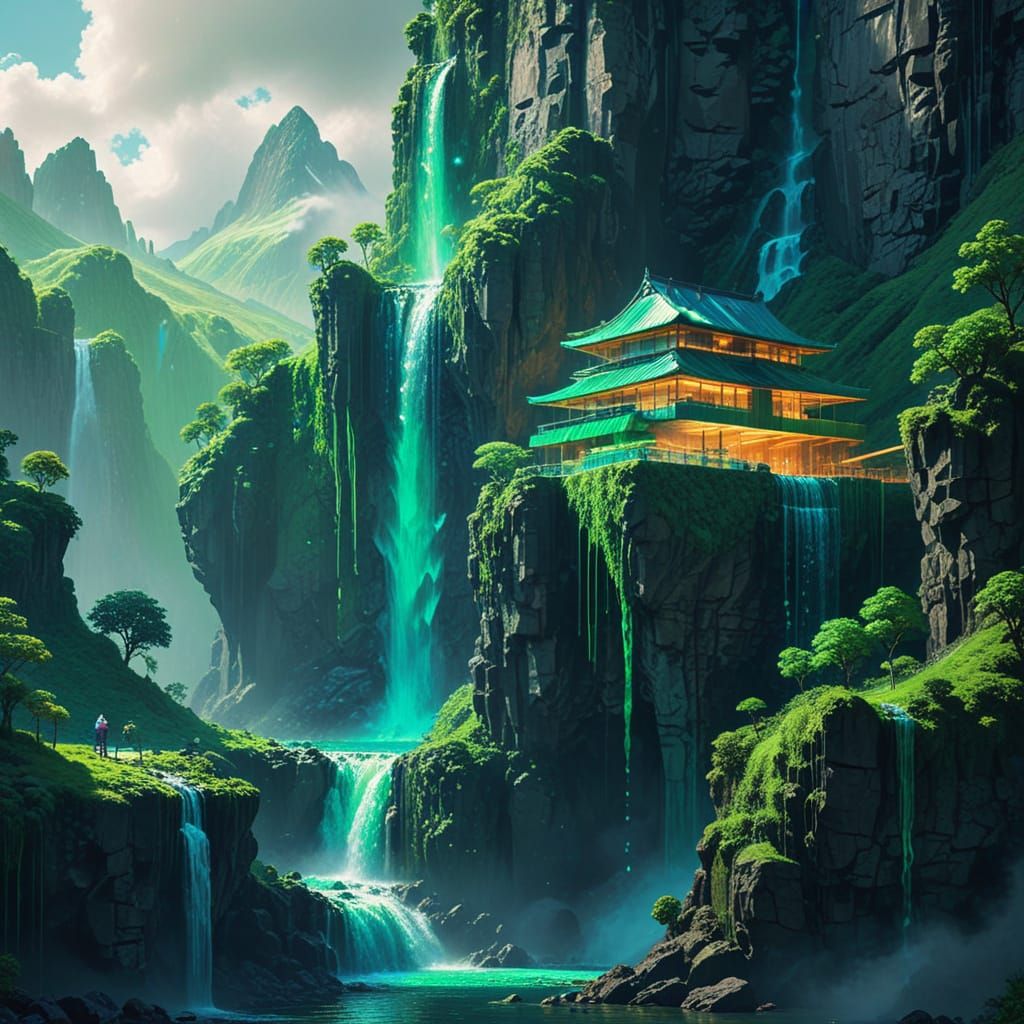 Floating Mountains and Waterfalls in Glitchcore Style