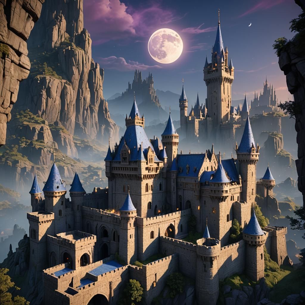 Mystical Blue Moon Rising Behind Ancient Castle