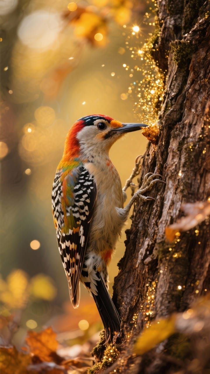 Magical Autumn Woodpecker Scene with Golden Glitter Effect