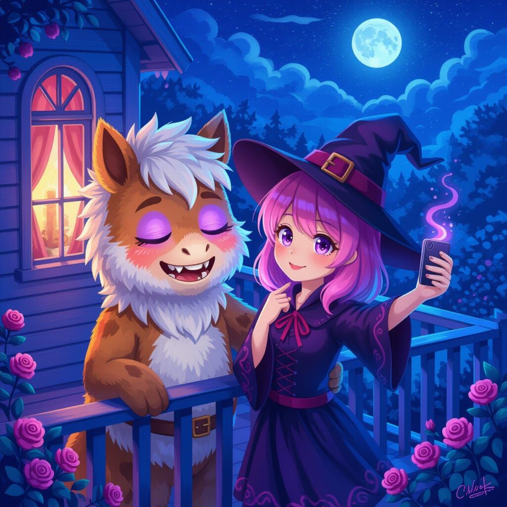 Mystical Anime Landscape with Furry Boy and Pink-Haired Girl