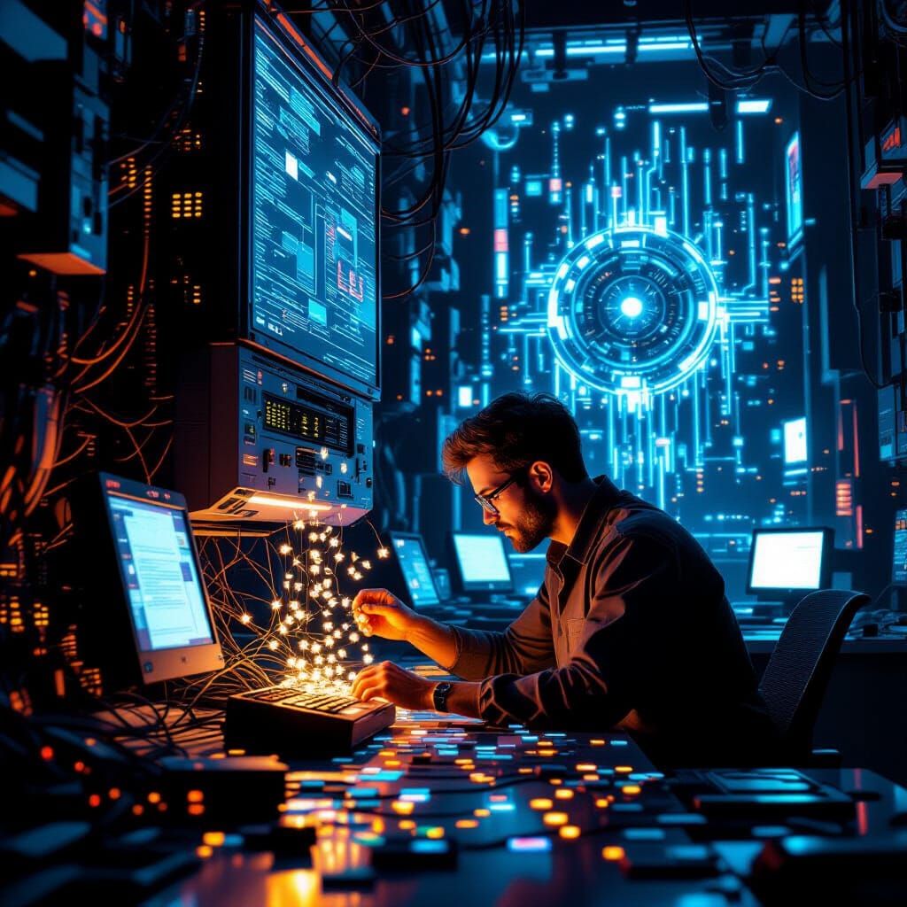 Man Collecting Digital Credits in Futuristic Lab