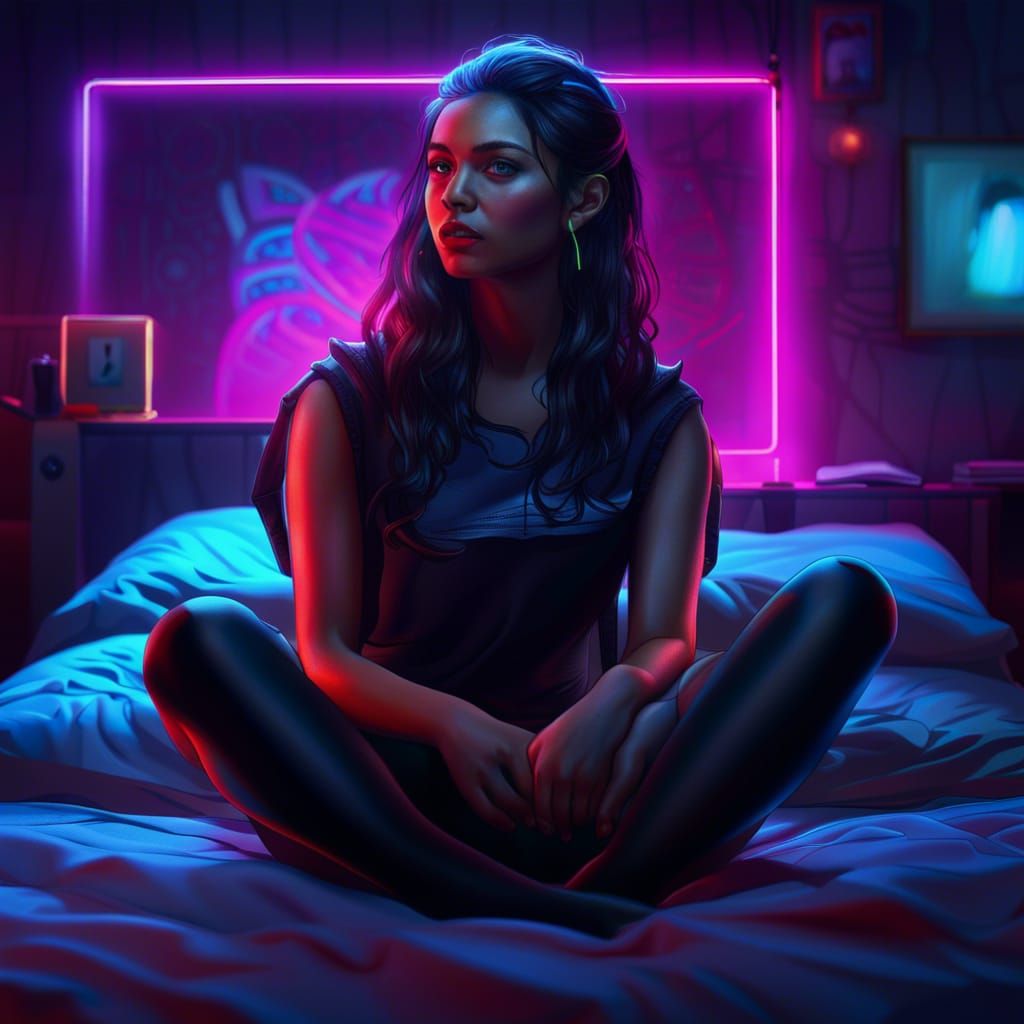 Neon Lit Woman in Black Tights, Detailed Digital Art