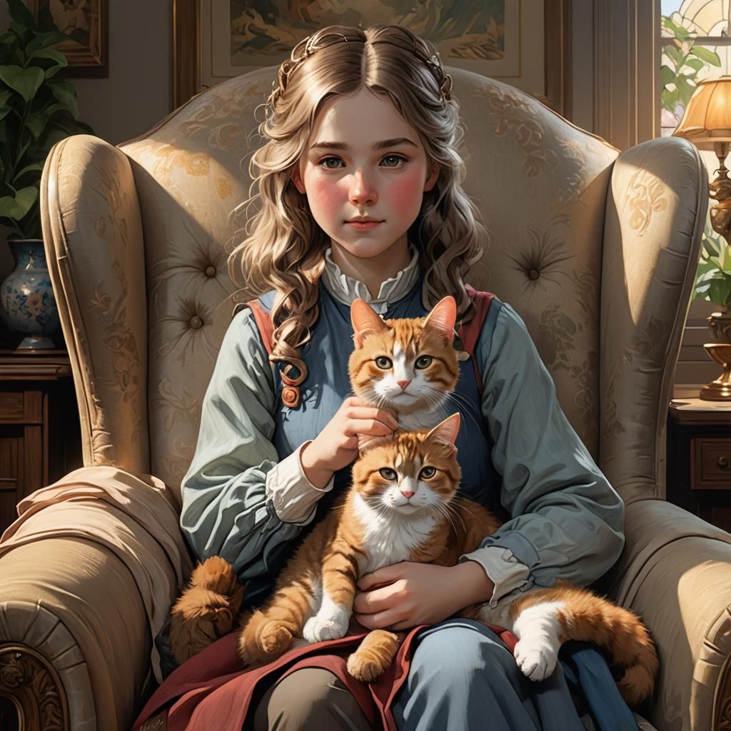 Girl sitting in a chair, petting her cats.