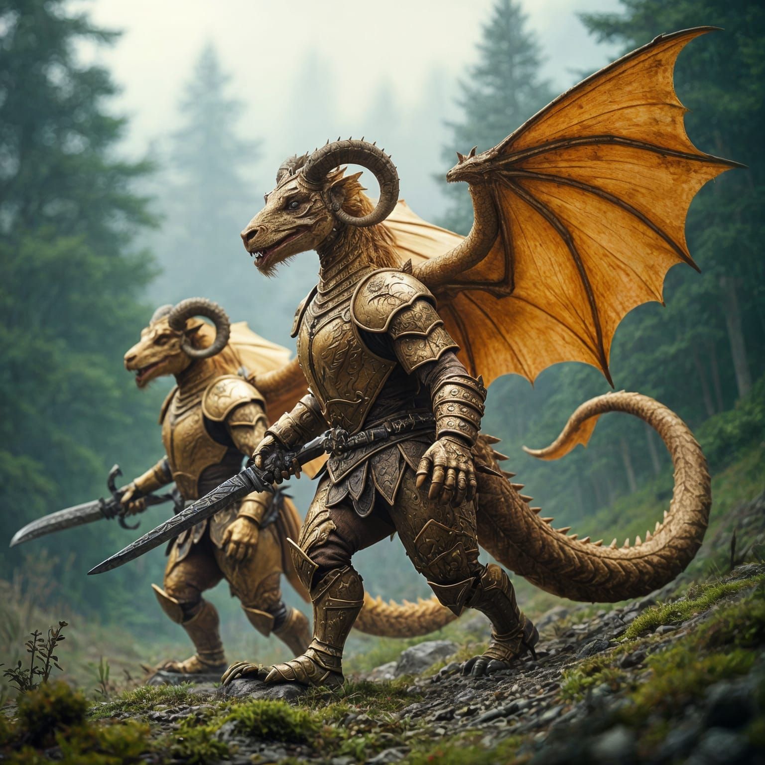 Golden Draconian Warriors in Cinematic Plate Armor