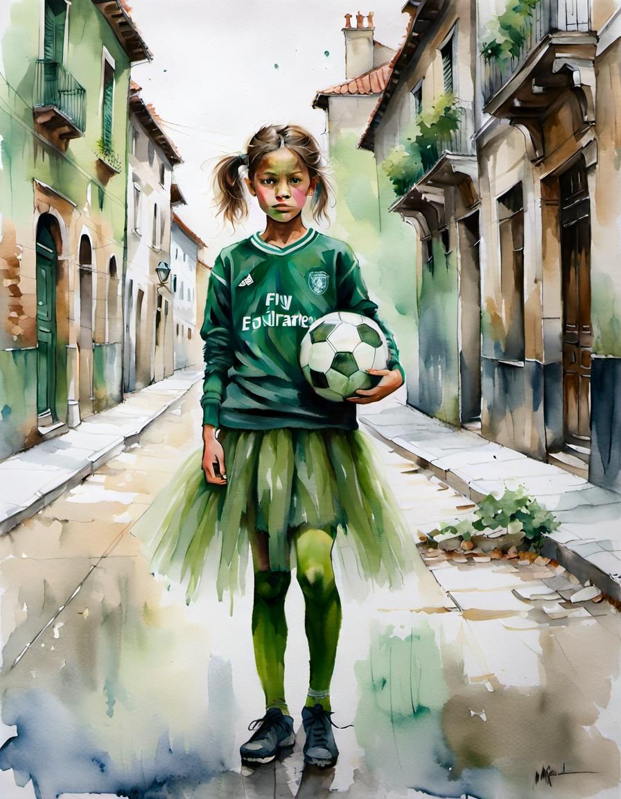 Girl with Soccer Ball in Watercolor European Street