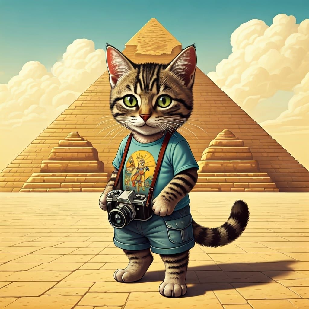 Tabby Kitten Tourist at the Pyramids, Comic Book Art