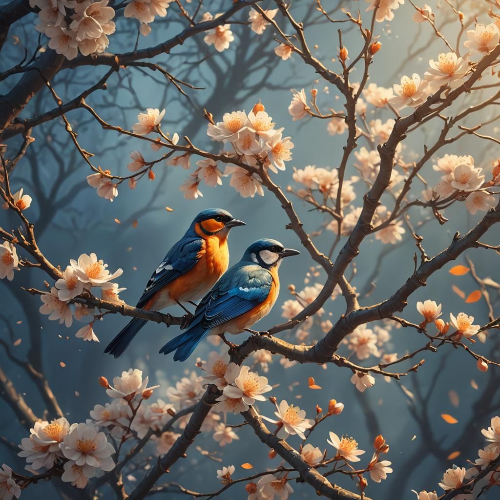 Blossom Tree Bird in Expressionist Digital Art