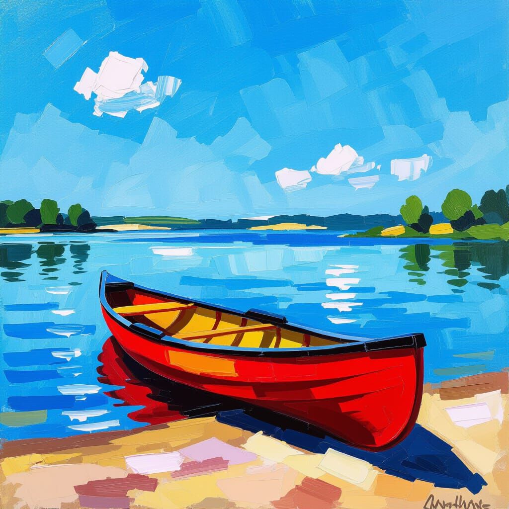 Red Kayak on Sandy Shore in Afternoon Sun