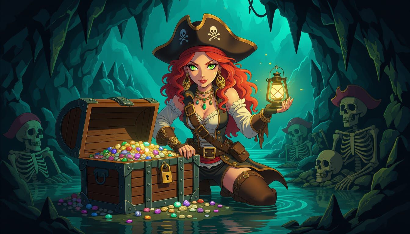 Redhead Pirate Discovering Treasure in Manga Style