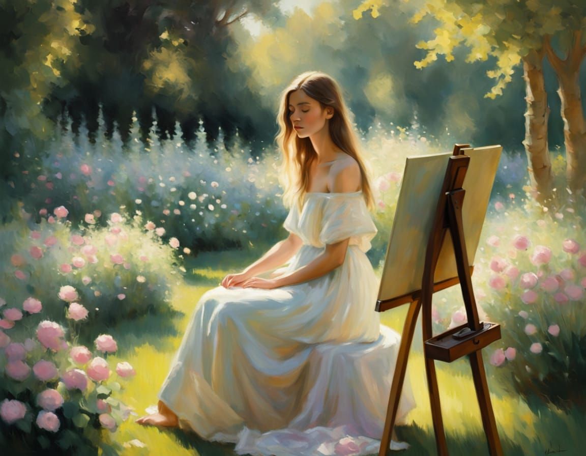 Impressionist Masterpiece of Demsteader in a Vibrant Garden