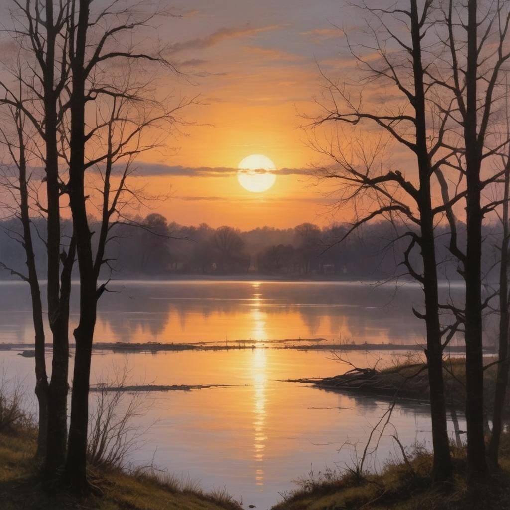 Ohio River Sunrise in Ethereal Luminist Style