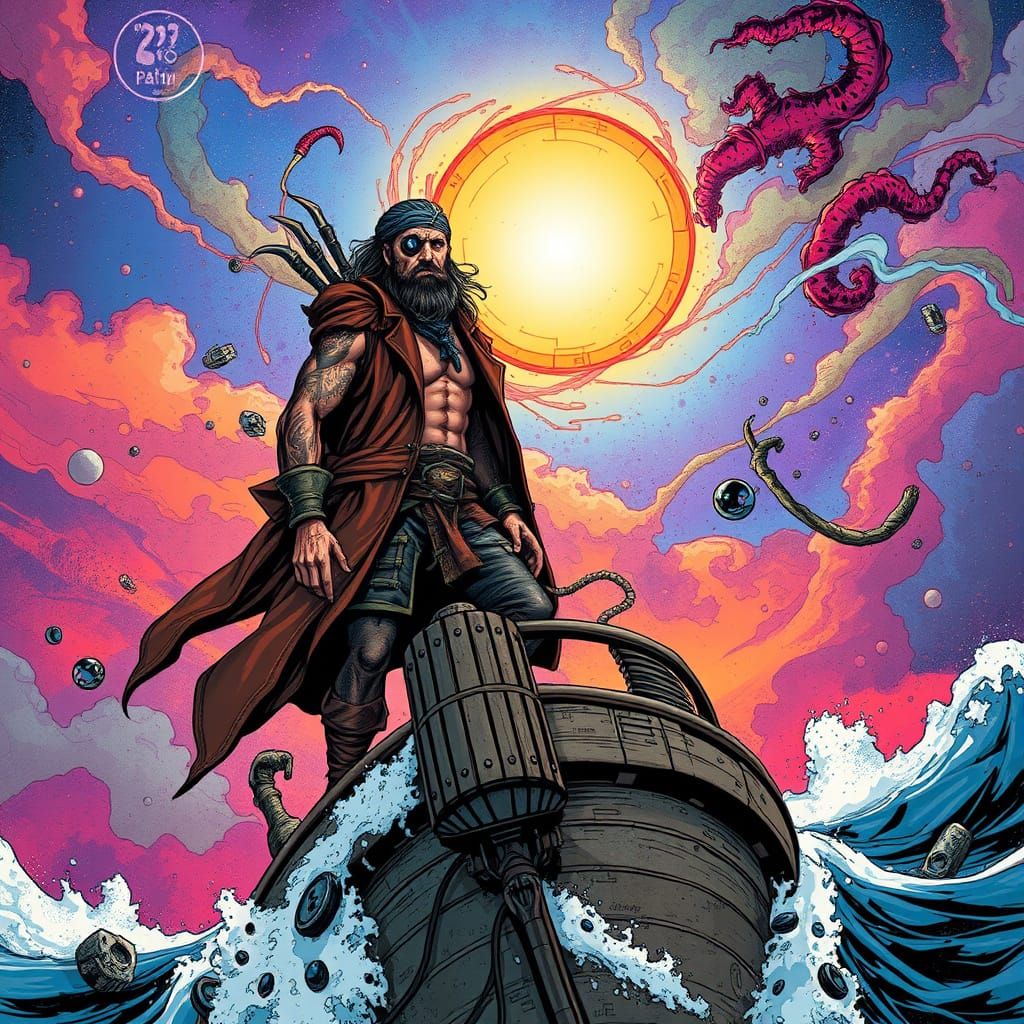 Cybernetic Pirate Captain in Sci-Fi Comic Style