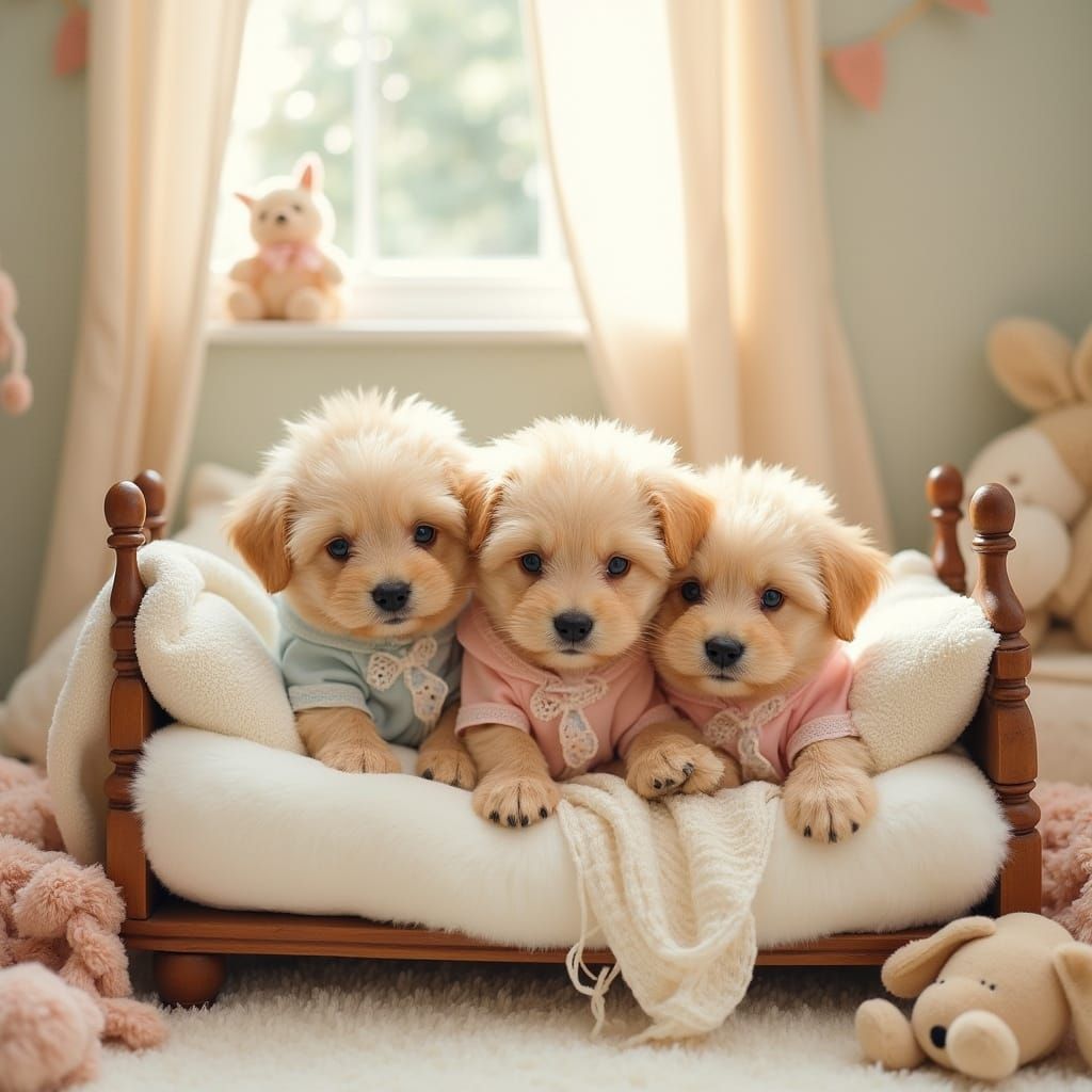 Whimsical Nursery Scene with Adorable Puppies in Pastel Pyja...