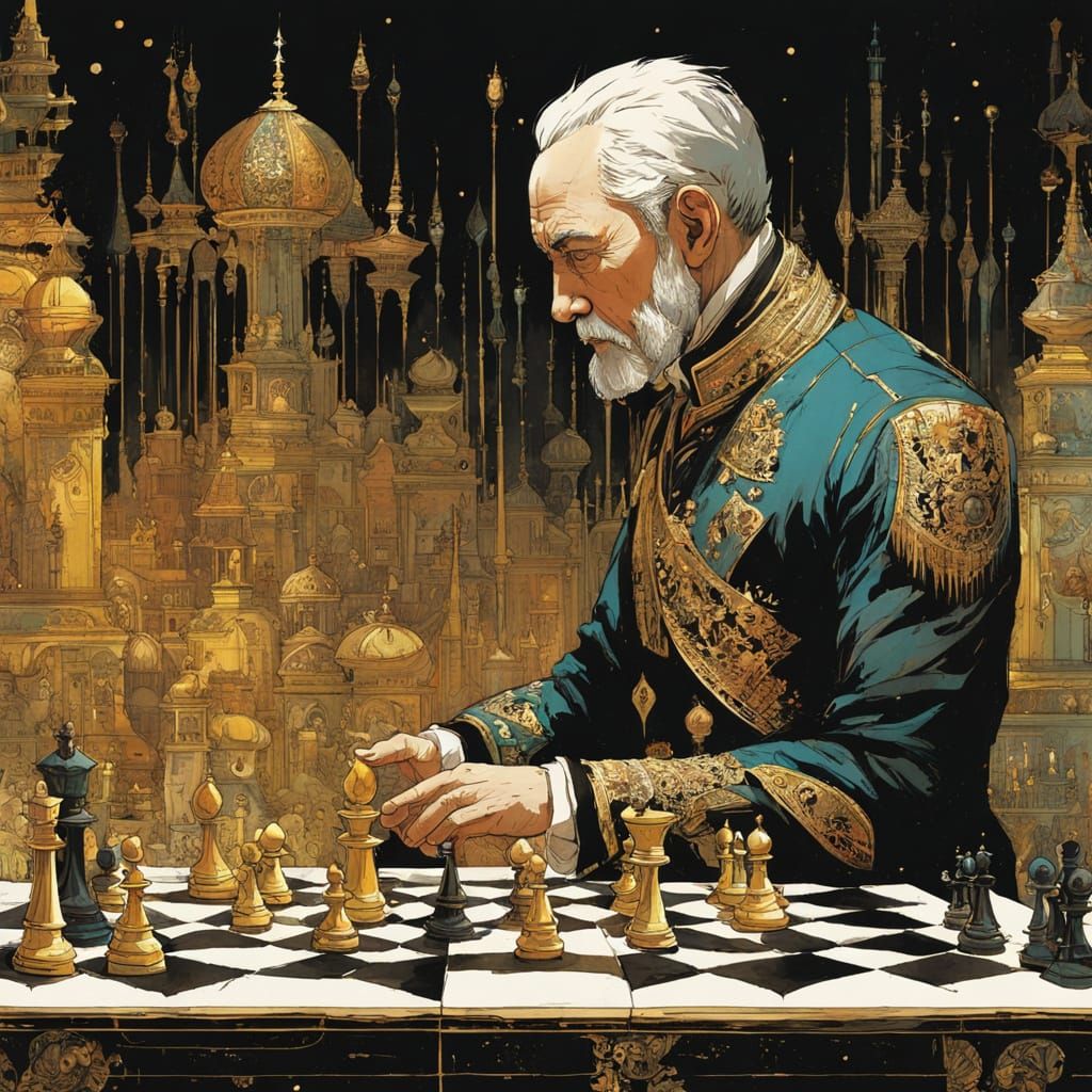 Gold and Silver Chess Game Watercolor Masterpiece