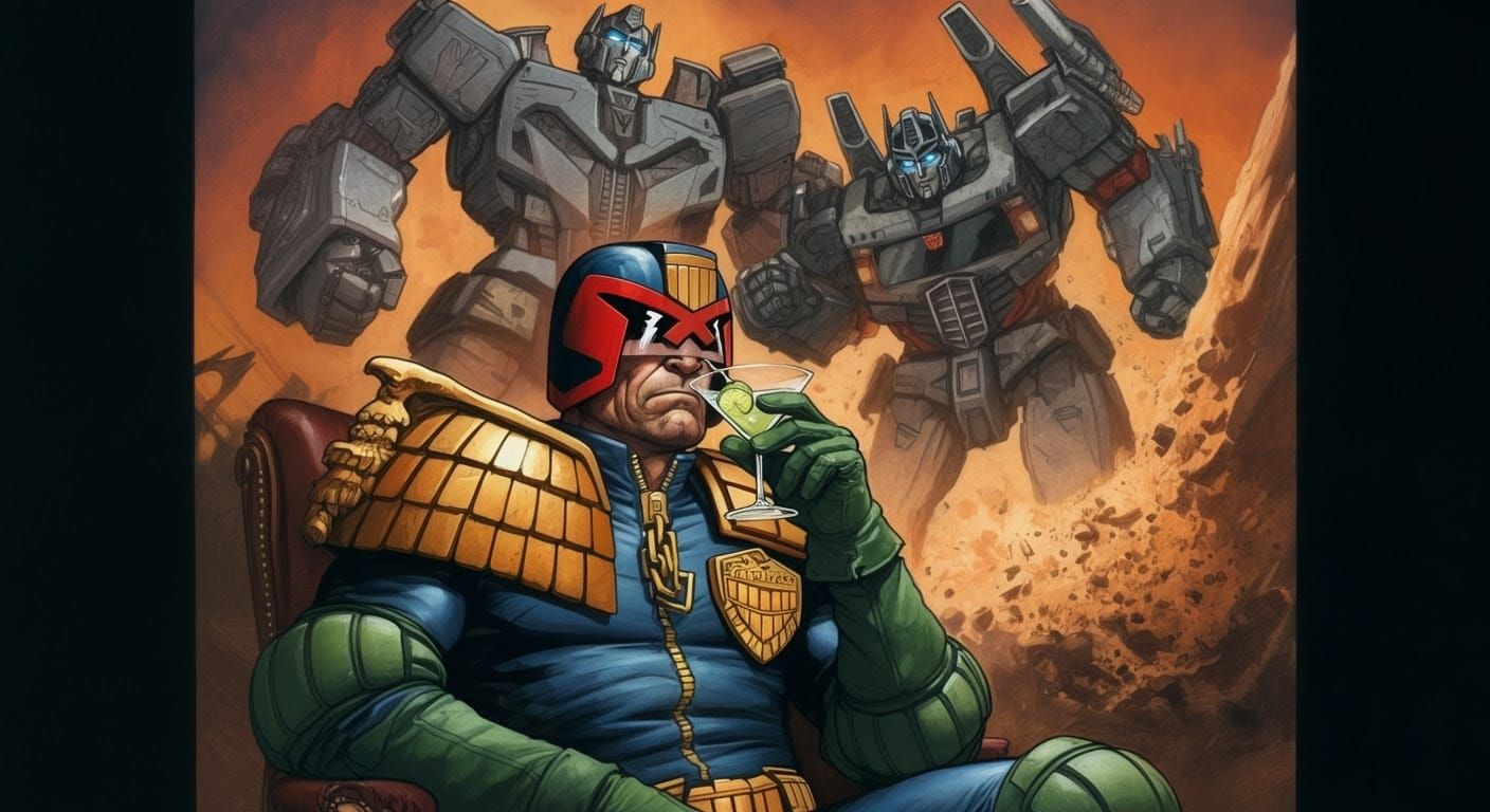 Judge Dredd Enjoys Martini Amidst Epic Robot Battle in Dark,...