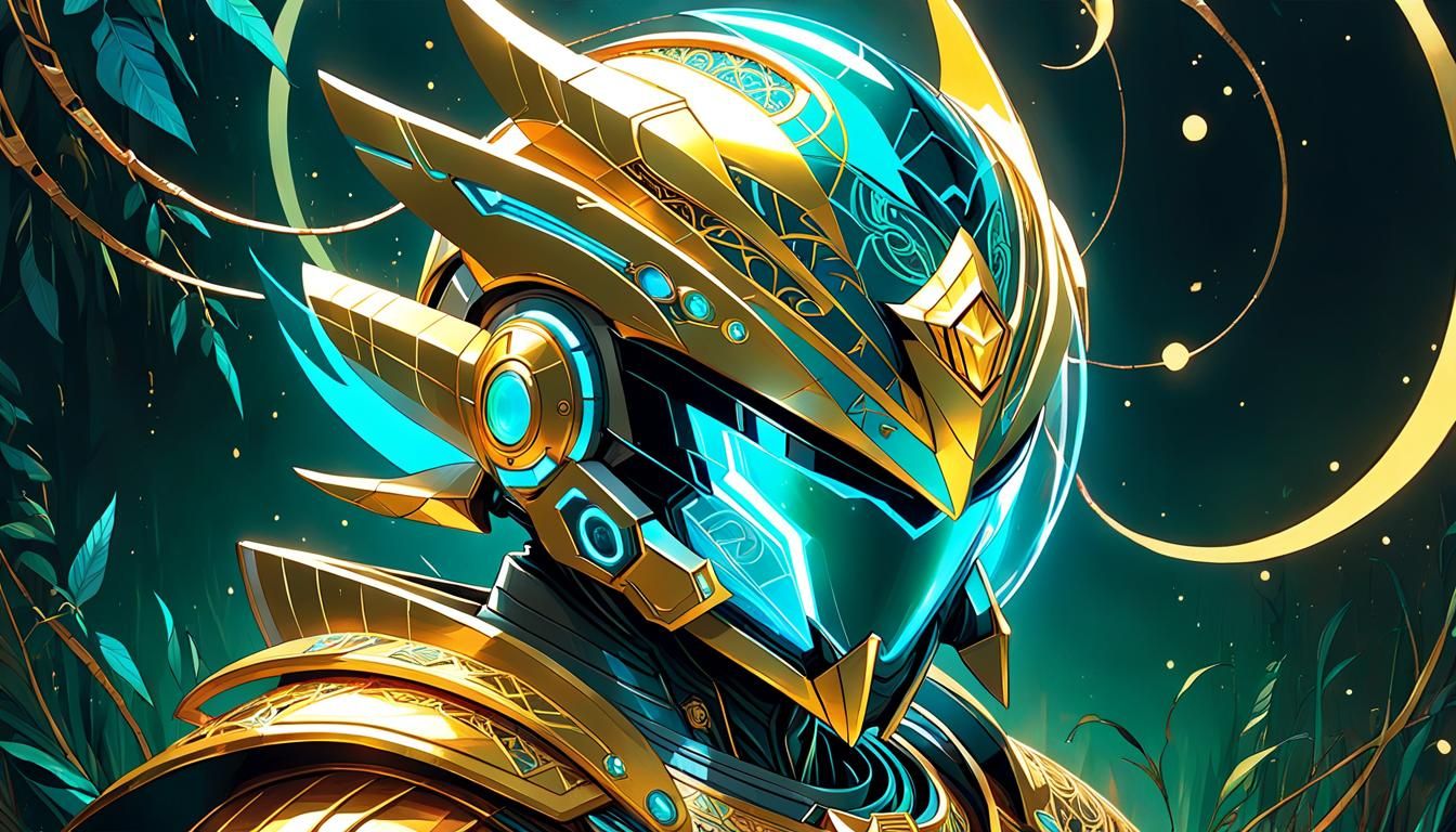 Luminous Helmeted Figure with Golden Outlines