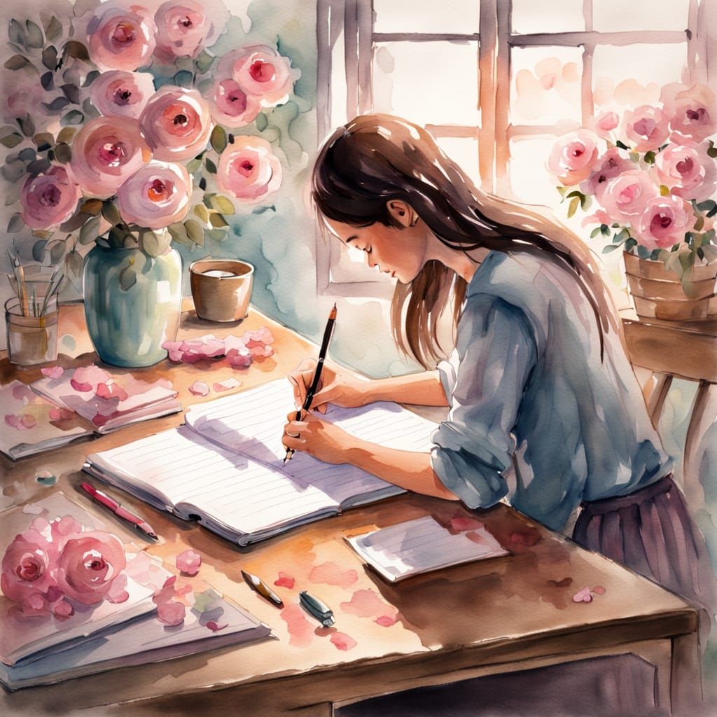 Girl Writing Surrounded by Flowers in Watercolor