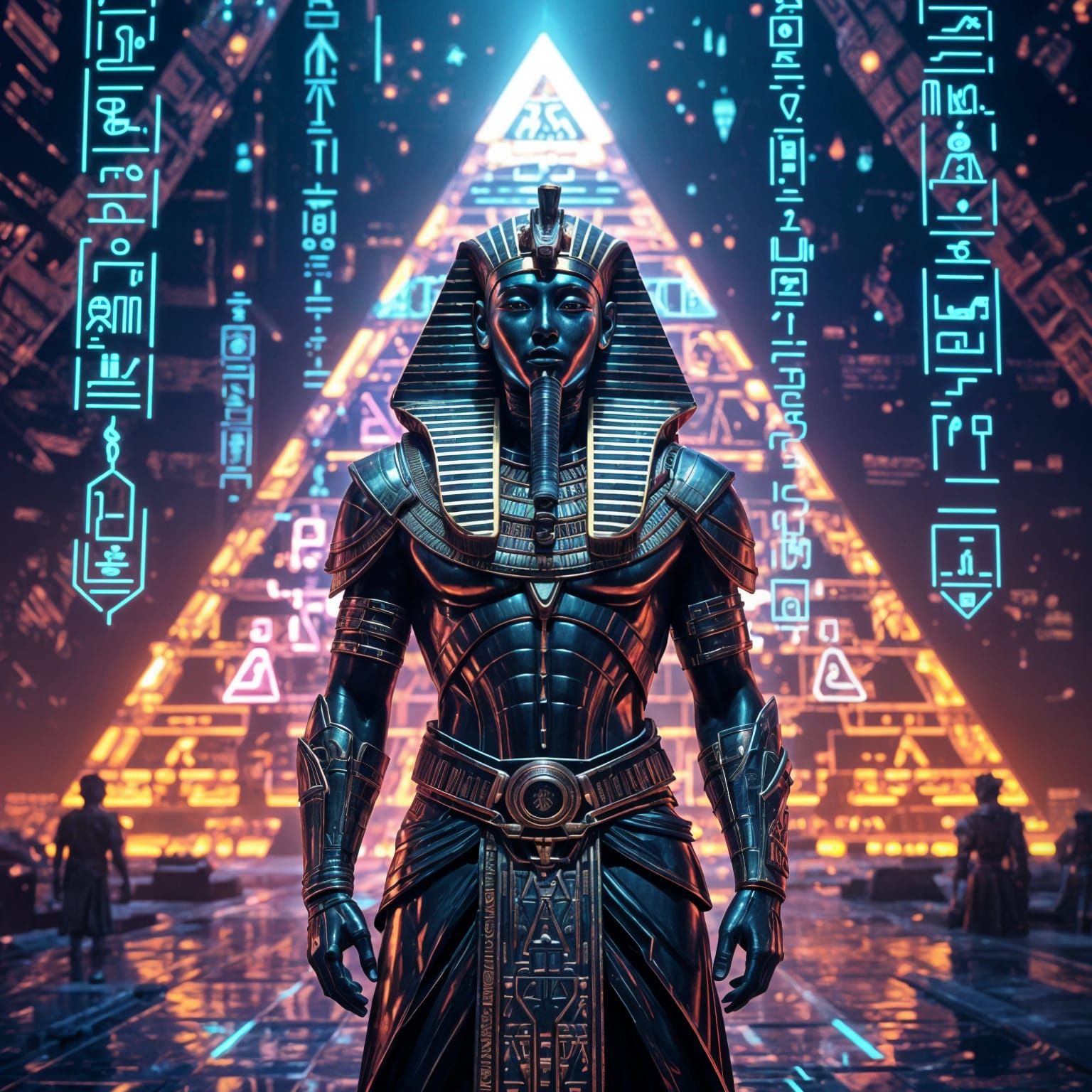 Cyber Pharaoh in Neon Pyramid: Sci-Fi Fantasy