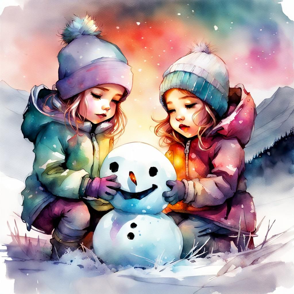 Chibi Babies Build Snowman in Watercolor Aurora Landscape