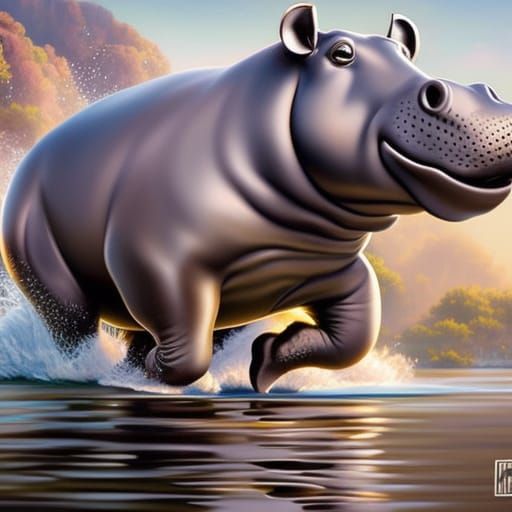 Cute Hippo Runs in Water: Hyperdetailed Concept Art