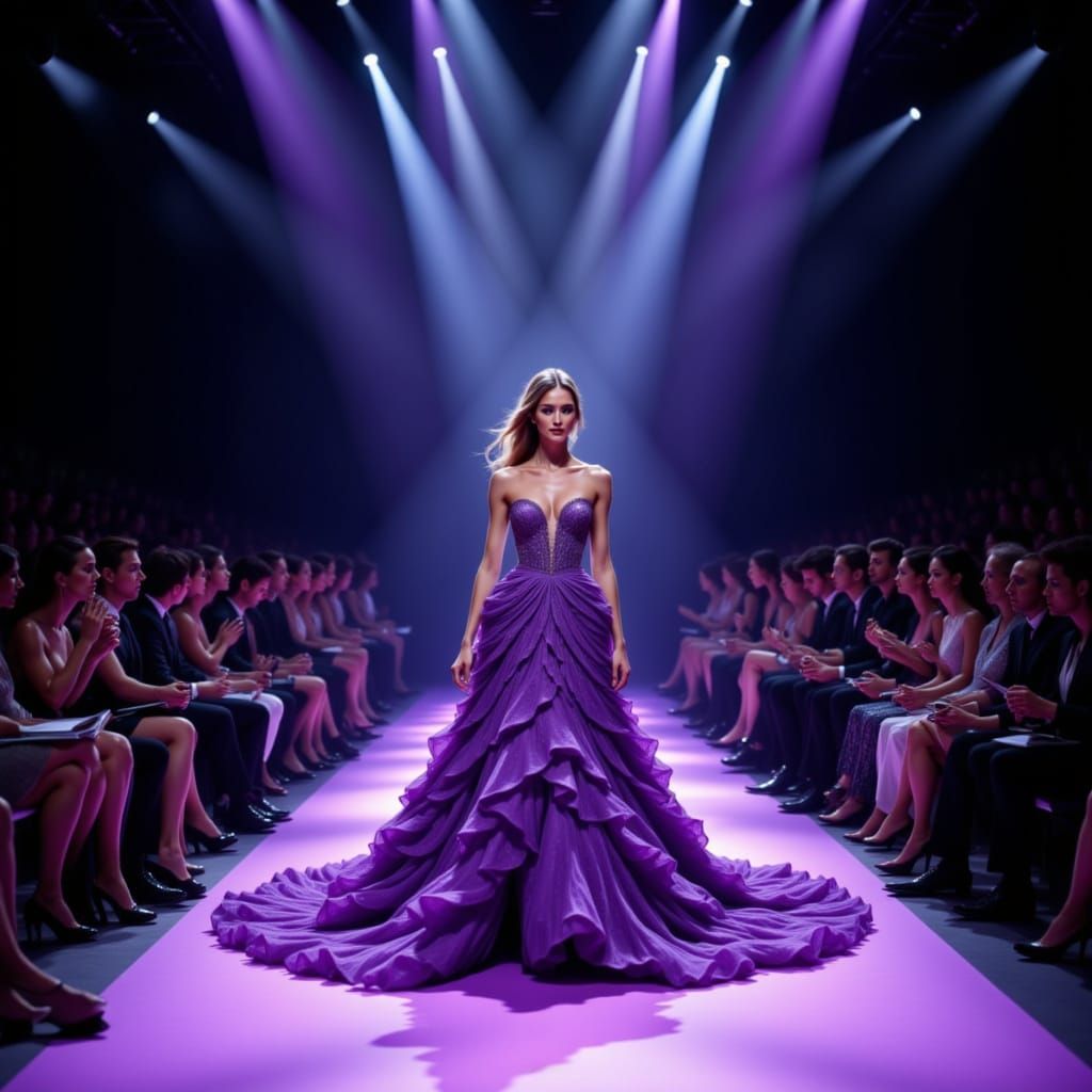 A stunning moment unfolds on the fashion runway as a woman presents a breathtaking purple haute couture gown that comman...