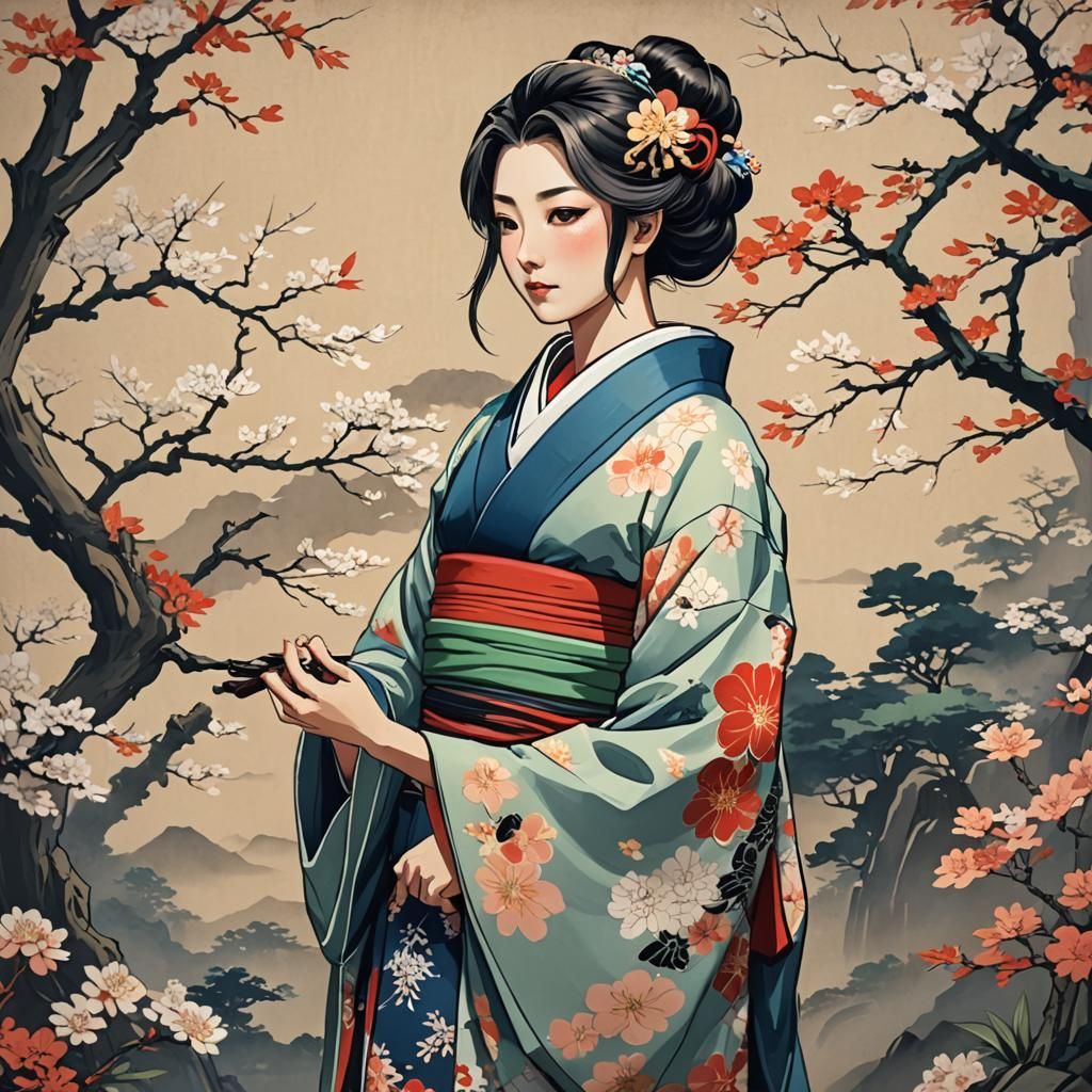 Ukiyo-e Style Woman in Kimono Painting