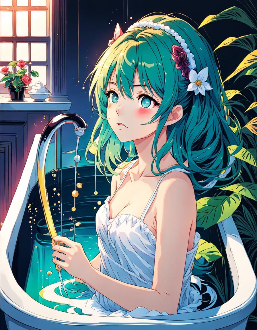 Anime Girl in Bath with Detailed Color Shading