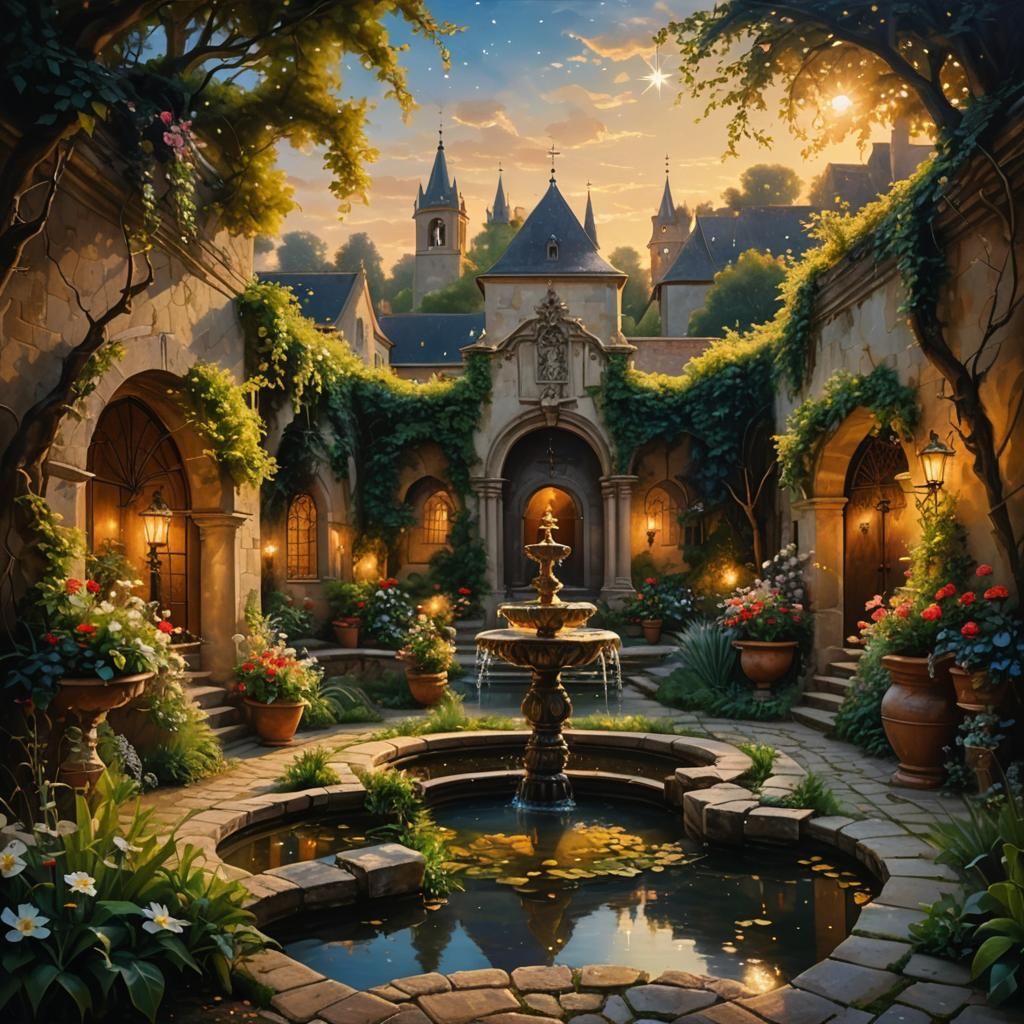 Baroque Courtyard Garden at Dusk in Impressionist Style