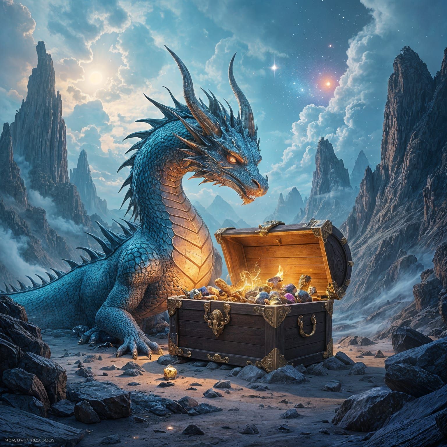 Cosmic Dragon Guarding Alien Treasure: Surreal Art