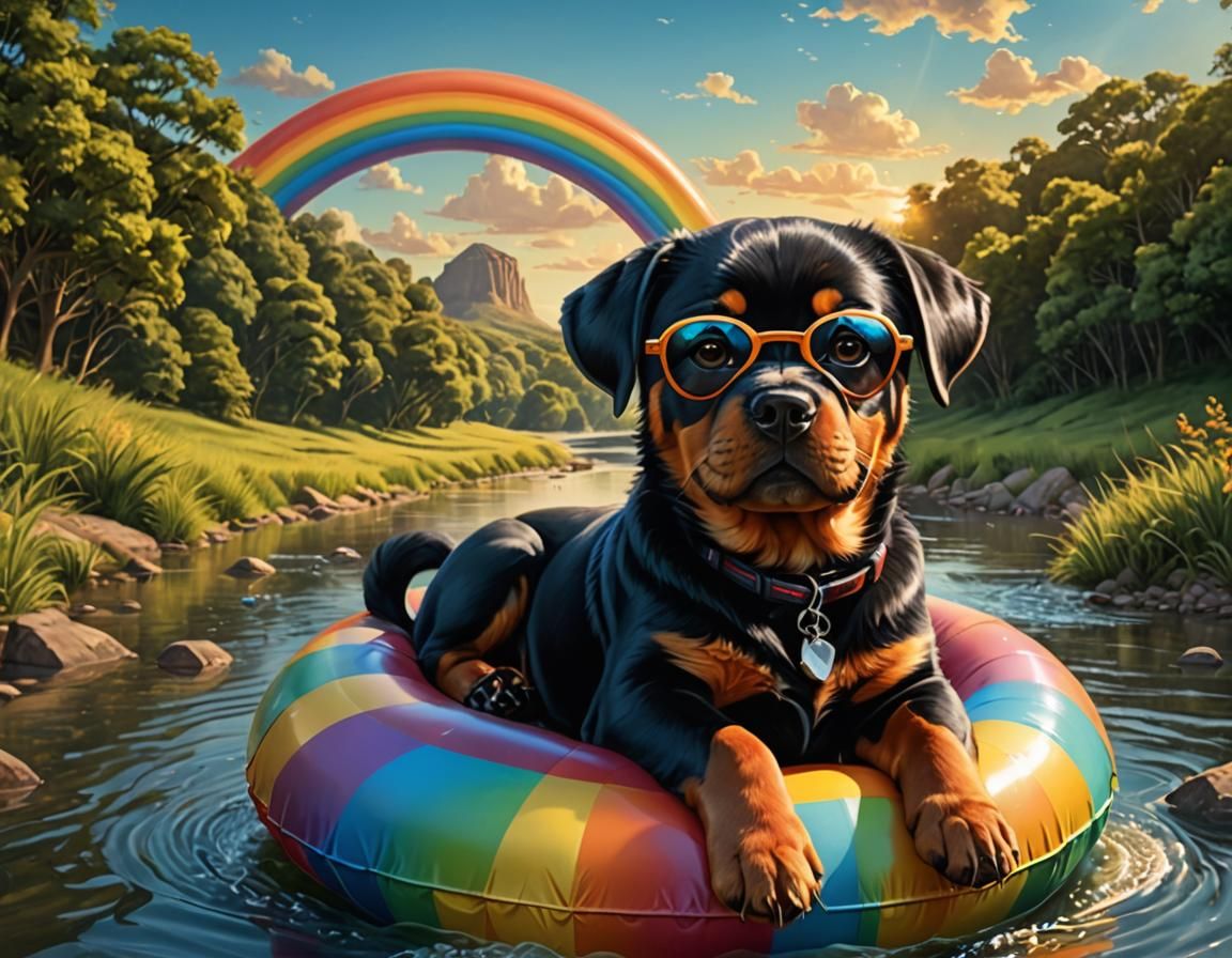 Chibi Rottweiler Puppy Floating on River in Texas
