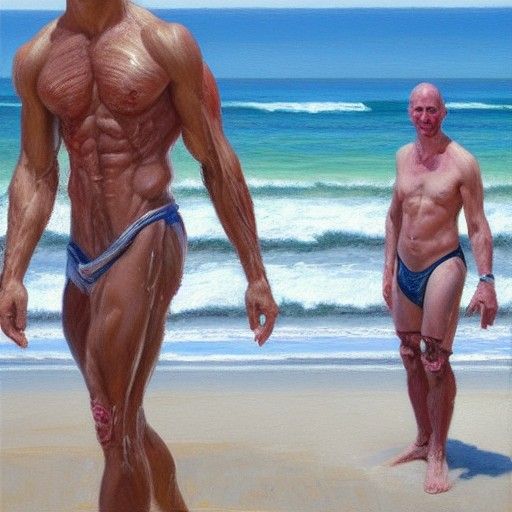 Ripped Man on Beach as Oil Painting
