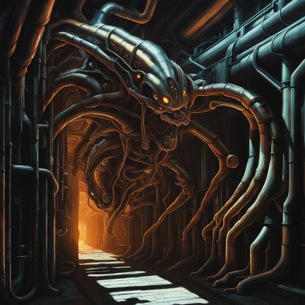 Biomechanical Surrealism: Amorphous Monster in Metallic Corr...