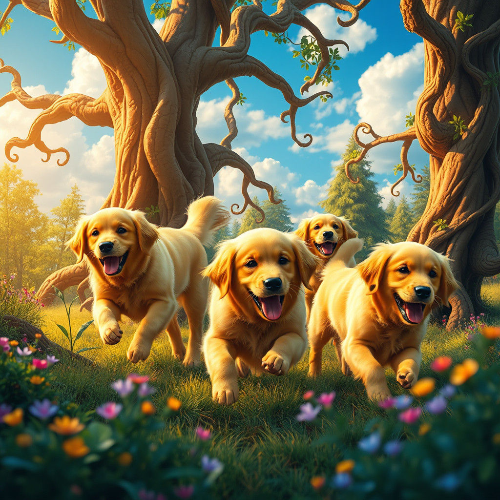 Golden Retrievers in Mystical Forest, Dreamlike Matte Painti...