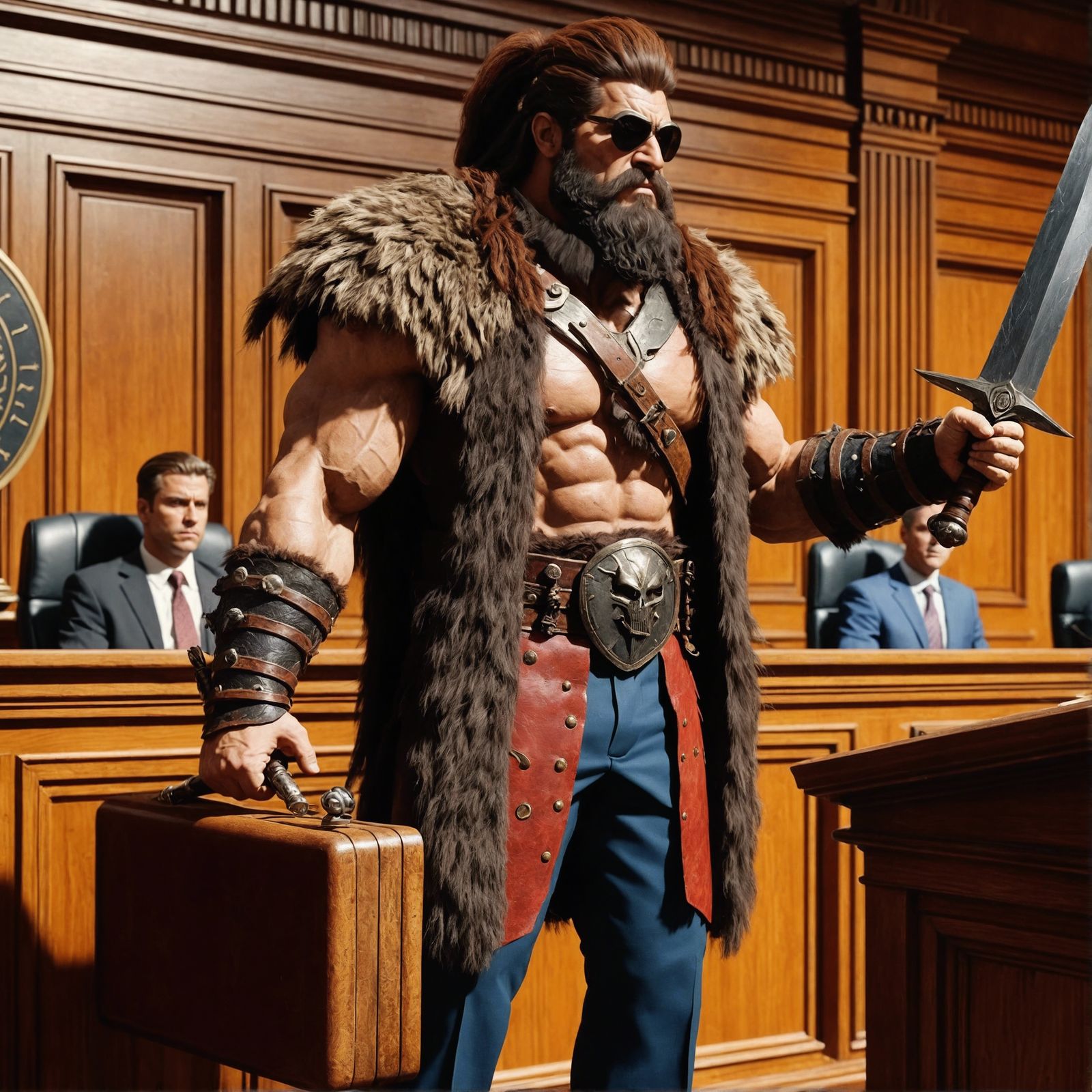 Barbarian Lawyer in Courtroom: CGI Cartoon Style