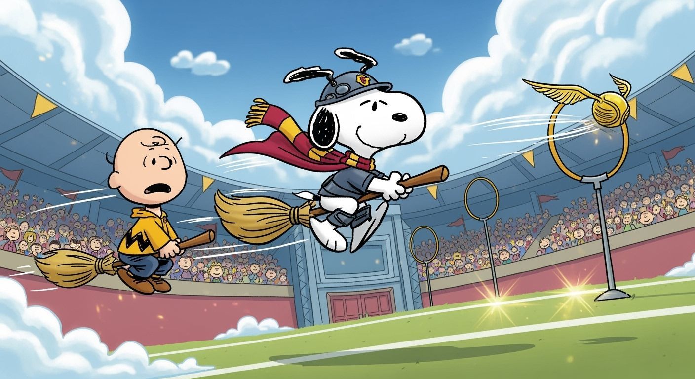 Snoopy playing Quidditch against Charlie Brown.