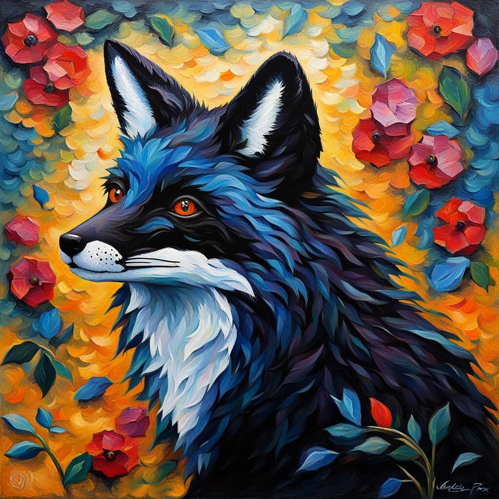 Black Fox in Expressionist Impasto Oil Painting