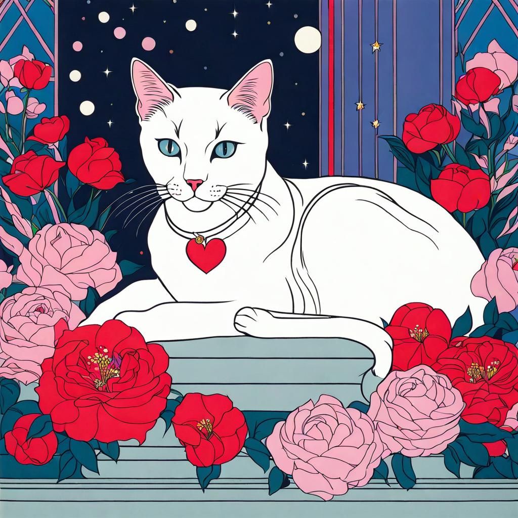 Cute Cat Surrounded by Flowers in Art Deco Style